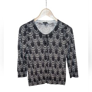 Talbots Cardigan Small Black Ivory 3/4 Sleeve Lightweight Geometric Knit Career